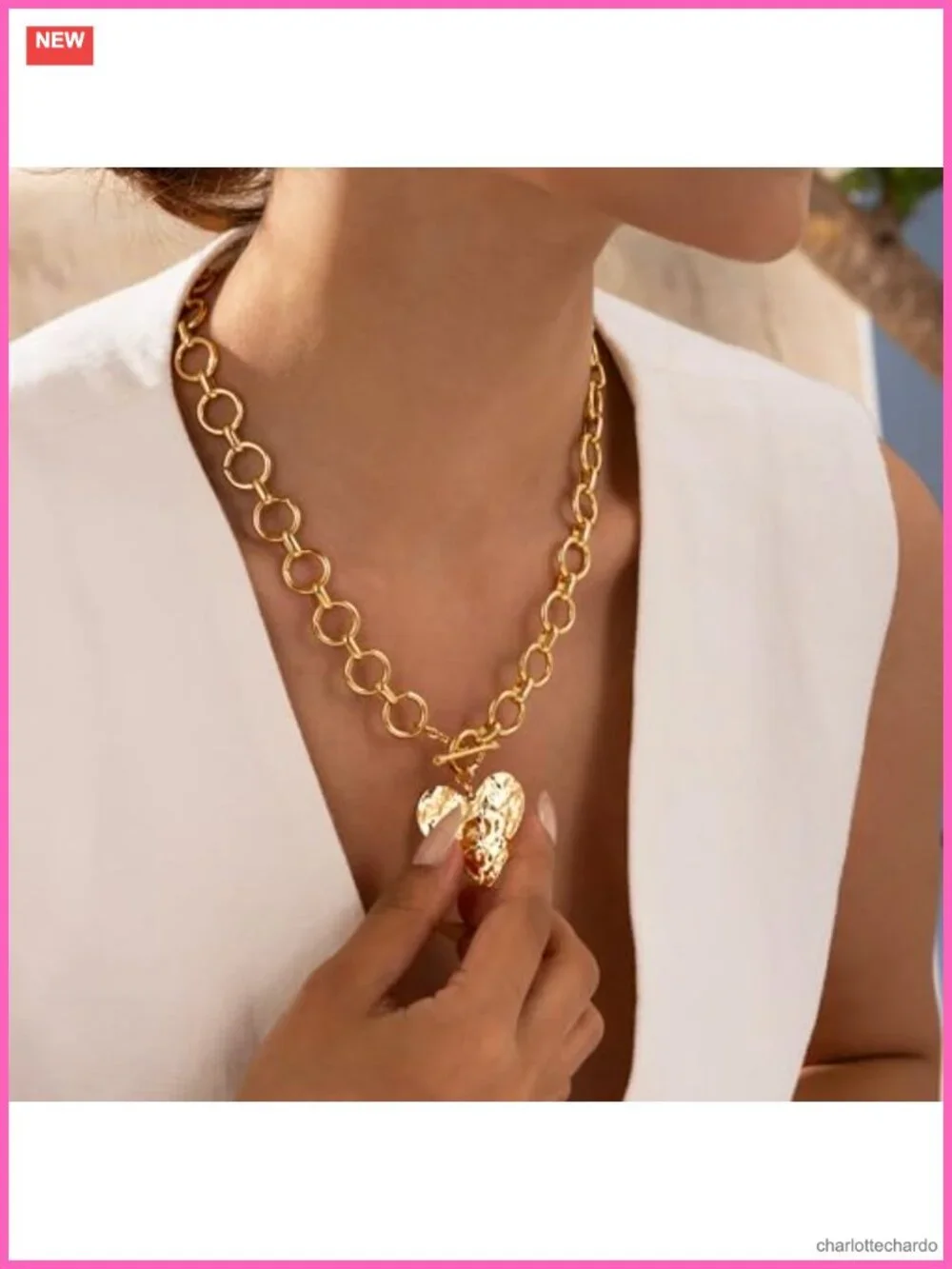 14K Gold Plated Chunky Hammered Heart Pendant Necklace for Women,